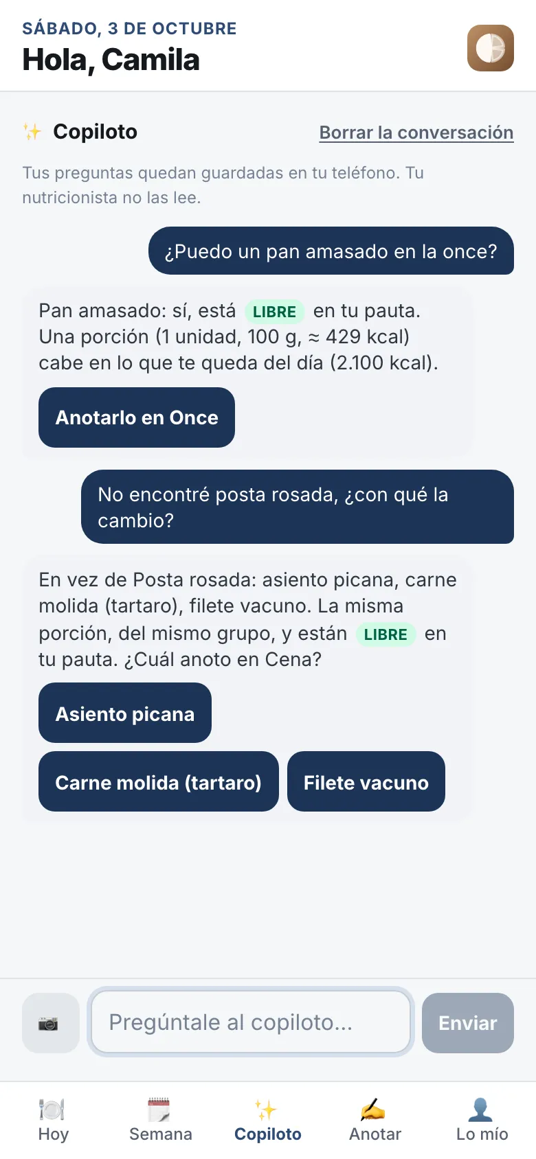 El asistente de la pauta en el teléfono: a «¿Puedo un pan amasado en la once?» responde que sí, que cabe en lo que te queda del día.